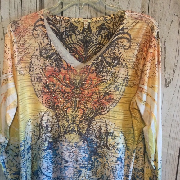 Reba Multicolor V-Neck Women's Longer Top Riveted Detail Casual Office Large - Picture 3 of 6